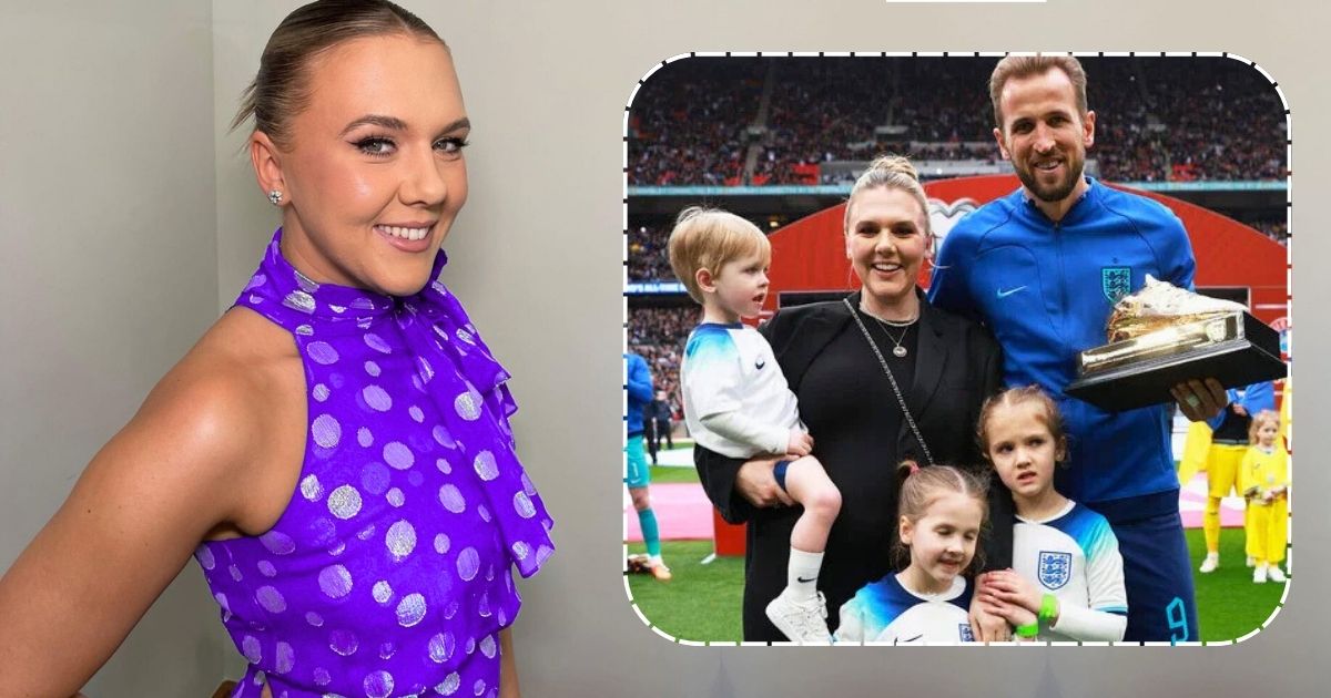 Katie Goodland is standing and smiling in a purple dress. On her left side, she is standing with her husband Harry Kane and their children.