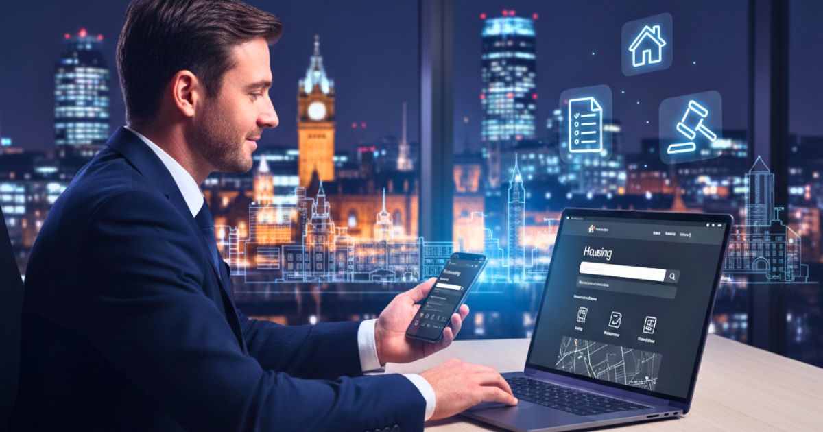 Realistic wide banner showing a user interacting with the Manchester Move housing website on a laptop and smartphone. The background features a dark-themed, subtle illustration of the Manchester skyline, along with digital icons representing houses, bidding, and documents.