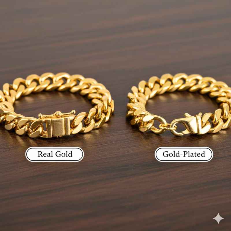 Comparison of real 18K gold bracelet and gold-plated bracelet showing authentic gold hallmark and polished metal finish.