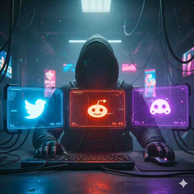Anonymous digital character using multiple online platforms in a glowing cyberpunk setup.