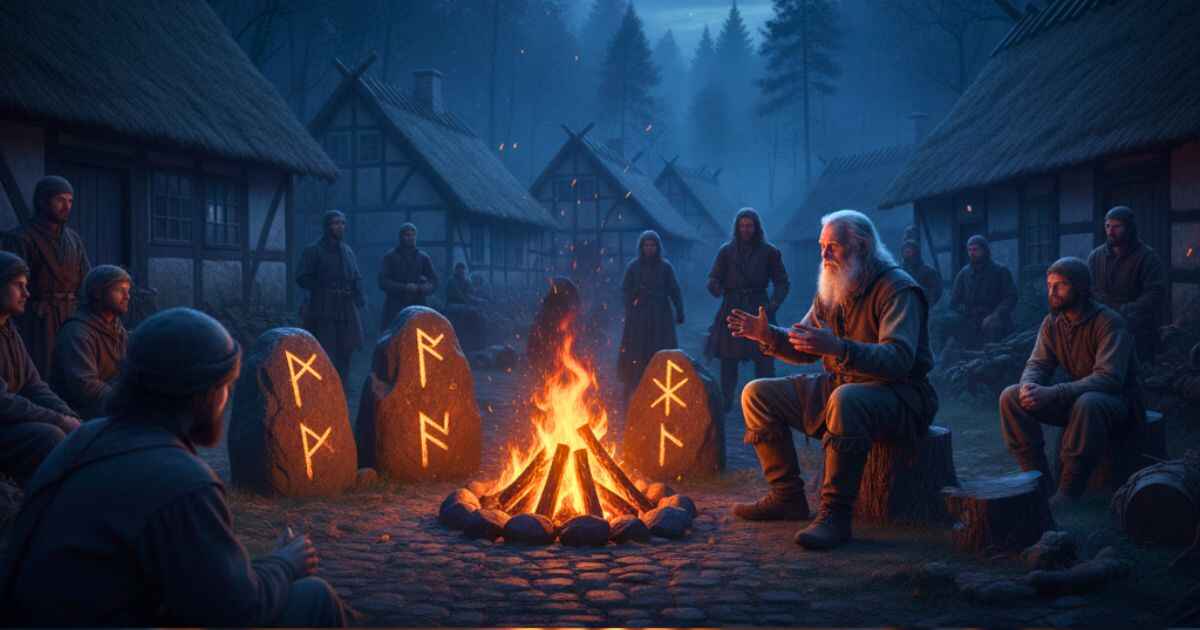Mysterious Danish village scene showing legendary and real sagerne stories being passed down.