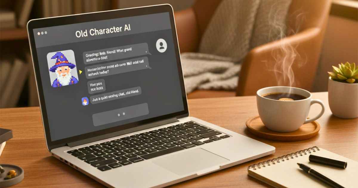 Realistic workspace showing Old Character AI on a laptop screen with clean layout and friendly chat interface.
