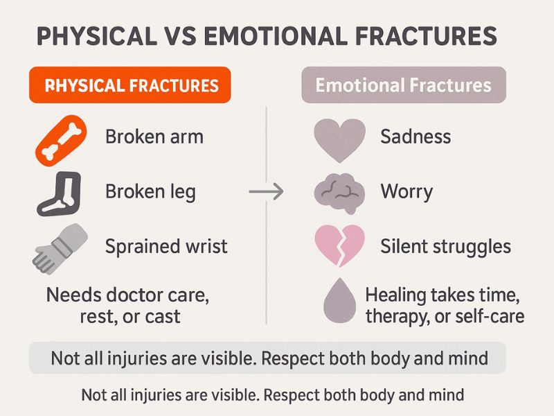 Infographic showing Physical vs Emotional Fractures for Broken Bone Theory, comparing visible injuries like broken arm, leg, and wrist with invisible emotional struggles like sadness, worry, heartbreak, and silent challenges.