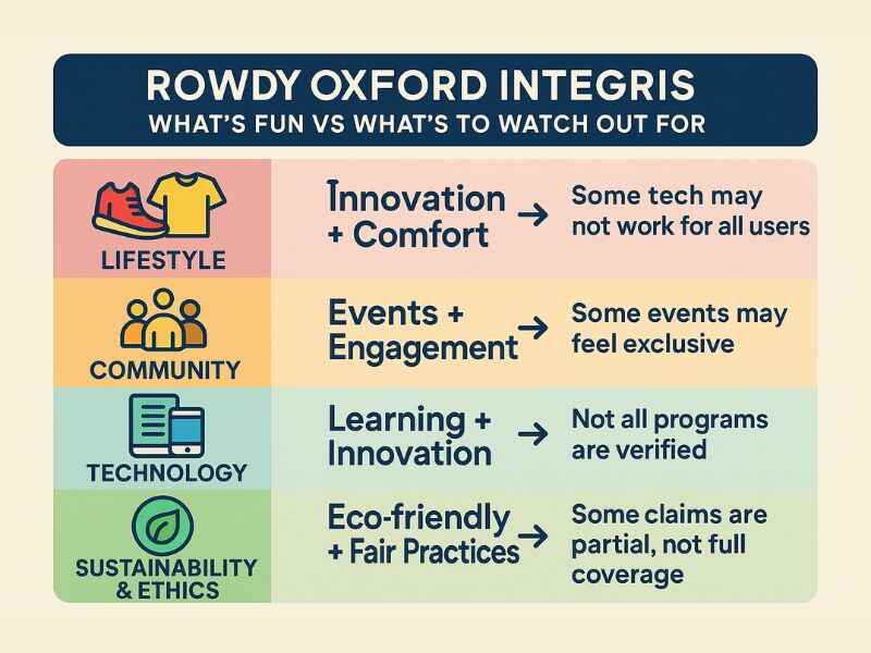 Infographic showing Rowdy Oxford Integris lifestyle, tech, learning, community, and sustainability with real truths