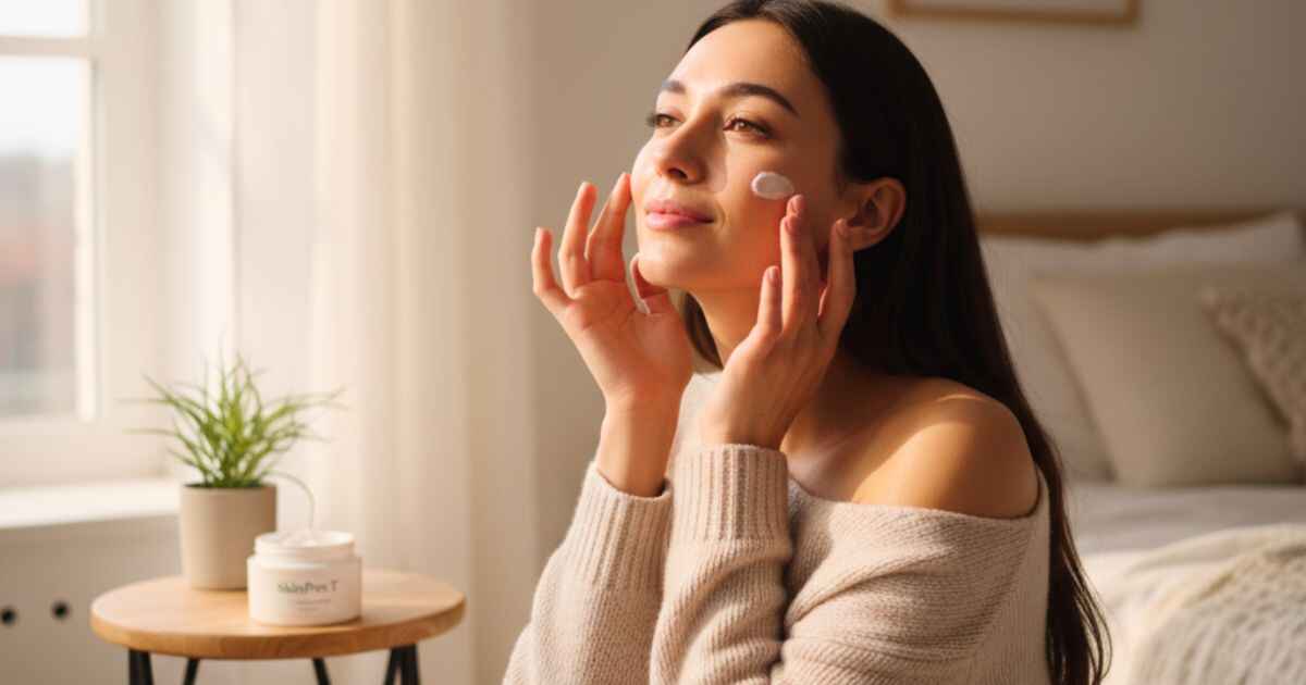 Woman applying SkinPres T cream to her face for soft and glowing skin.