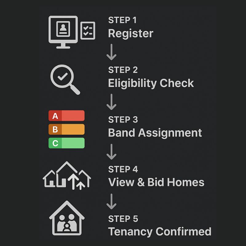 Step-by-step Manchester Move housing process infographic showing registration, eligibility check, band assignment, bidding for homes, and tenancy confirmation with icons and color-coded priority bands.