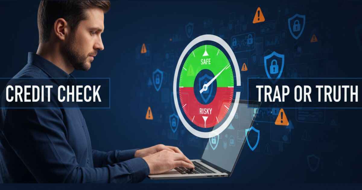 A person checking traceloans.com credit score online, comparing safe and risky credit sites.