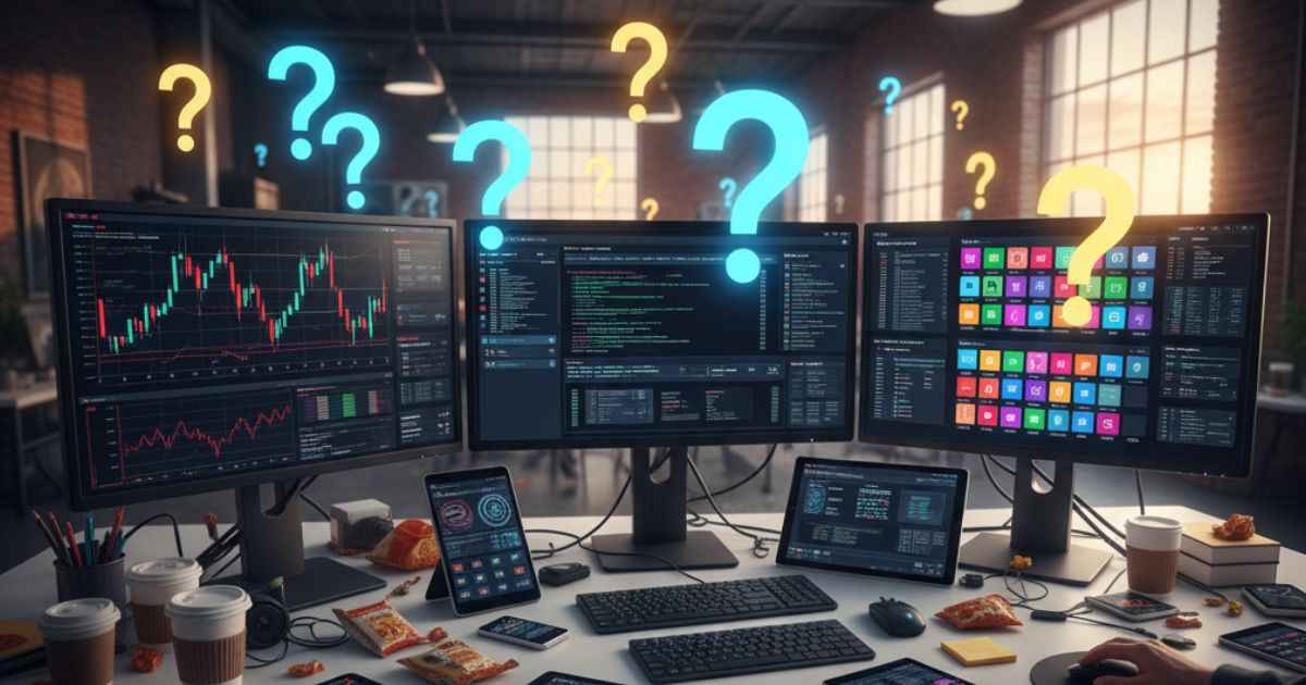 Confusing digital workspace representing trwho.com tech website and unclear tech tools