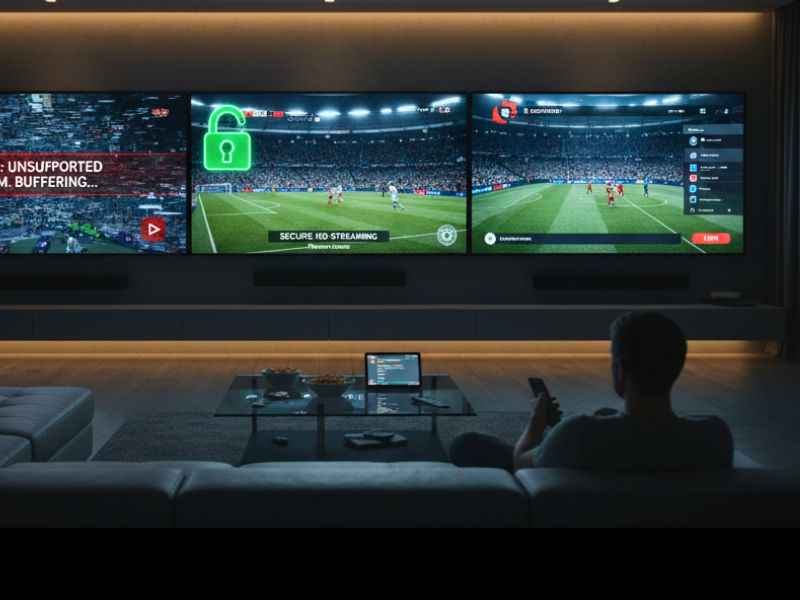 User choosing between risky Crack Streams feed glitching and a secure legal sports streaming service.