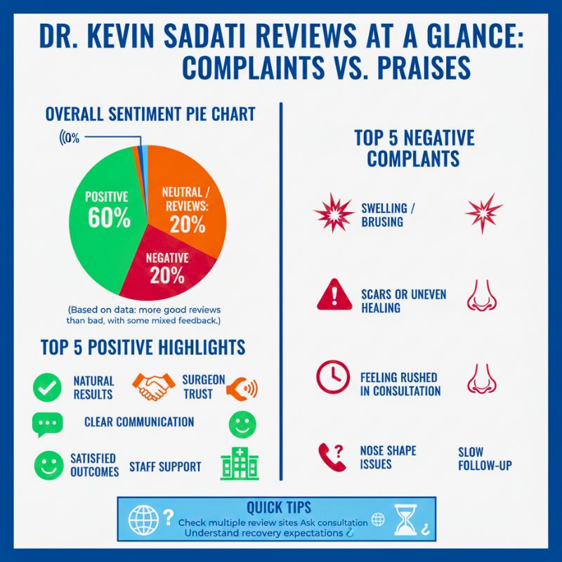 Dr Kevin Sadati bad reviews and positive reviews visual summary showing patient complaints, praises, and common surgery experiences.