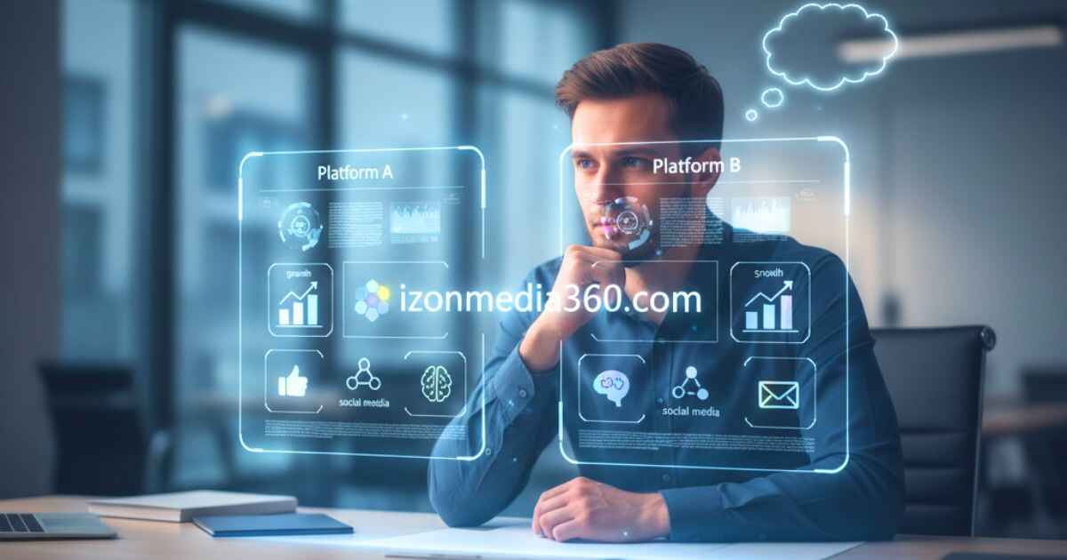Realistic image of a person viewing holographic digital platform options on a screen, and thinking 'Is izonemedia360.com entrepreneur Right for You?' overlay.