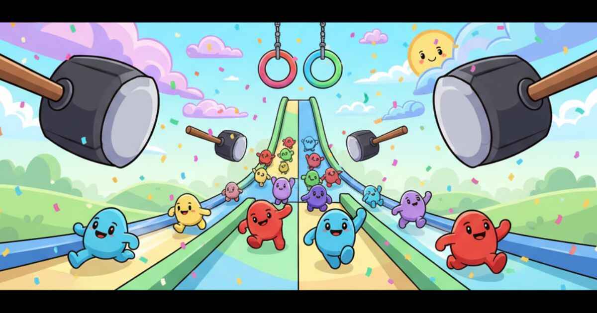 lol beans characters racing on bright obstacle map