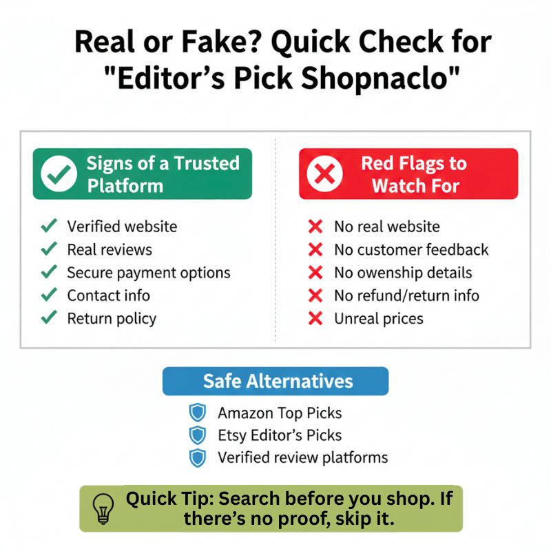 Infographic showing how to check if “Editor’s Pick Shopnaclo” is real or fake, including signs of trusted platforms, red flags, safe alternatives, and a quick safety tip.