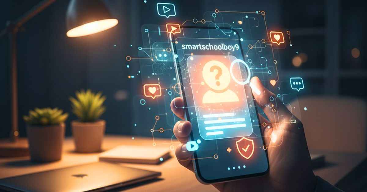 Smartphone showing a glowing 'smartschoolboy9' profile with a question mark and magnifying glass, surrounded by social media icons and digital connections, on a blurred desk background.