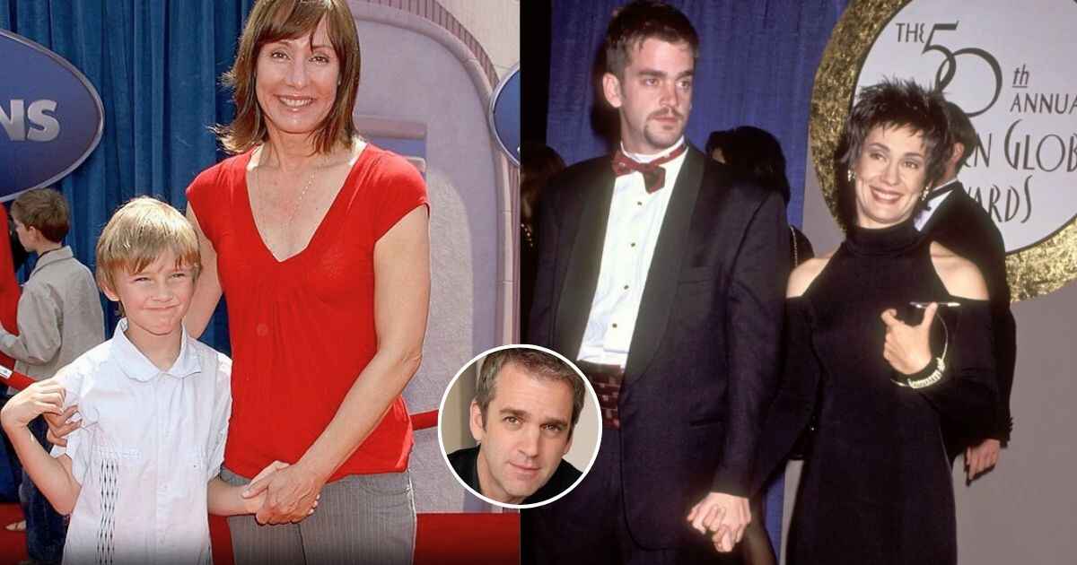 Split image of Will Theron Roth with mother Laurie Metcalf as a child on one side, with her again in adulthood on the other side, and father Matt Roth in a small circular frame in the center.